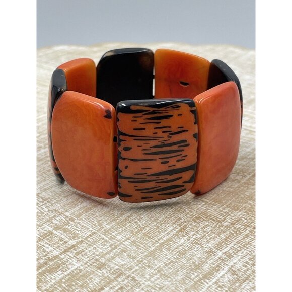 Tagua Nut Wide Stretch Cuff Bracelet Orange Brown - Picture 2 of 8